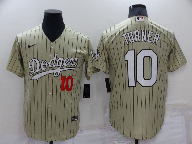 Men Los Angeles Dodgers #10 Turner Cream Stripe Throwback Nike 2022 MLB Jerseys